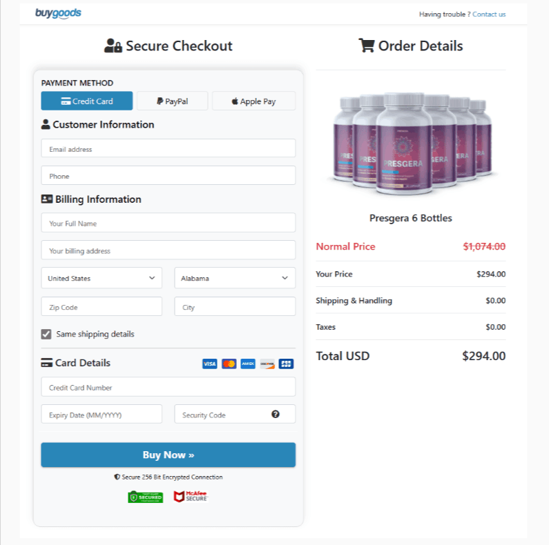 Presgera Checkout page